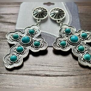 YMI Post Drop Cross, silver tone with faux turquoise